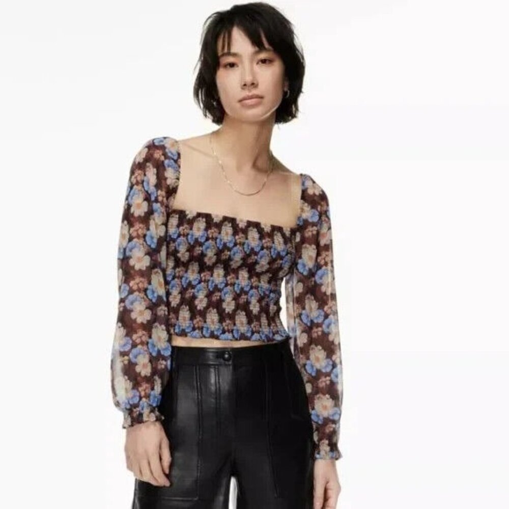 Aritzia Wilfred Saga Blouse XL Brown Blue Floral Smocked‎ Crop Top Women's
